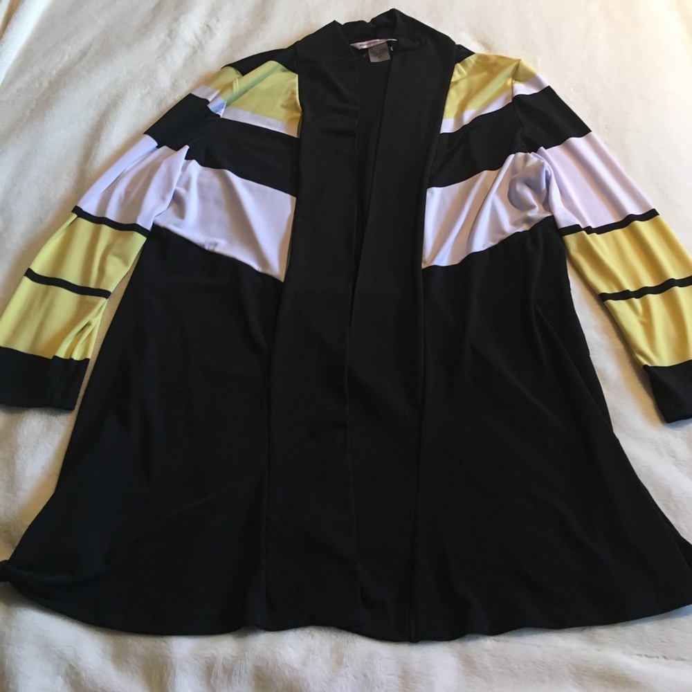 Allison Daley black, yellow, and white lightweight open front cardigan